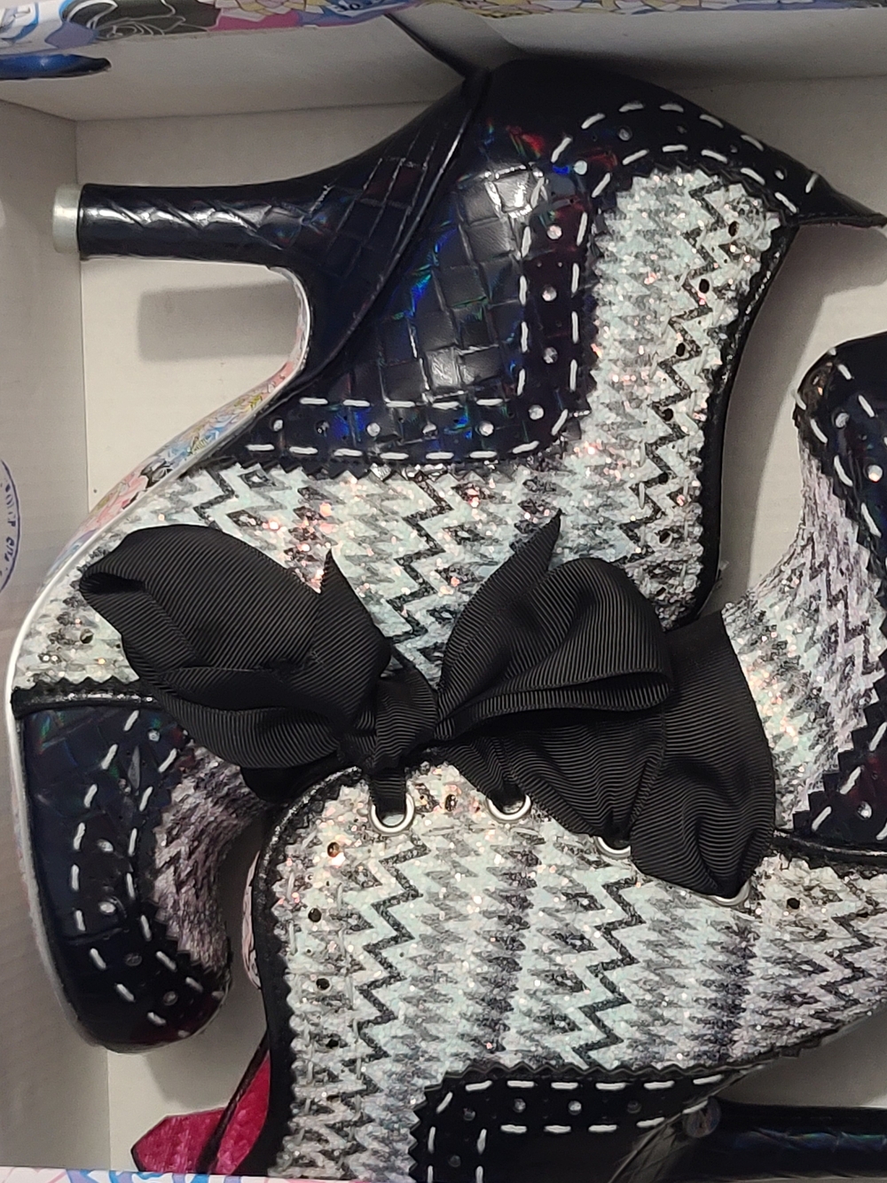 Irregular Choice Abigail's 3rd party Black and Silver Tweed Bow-Accent booties